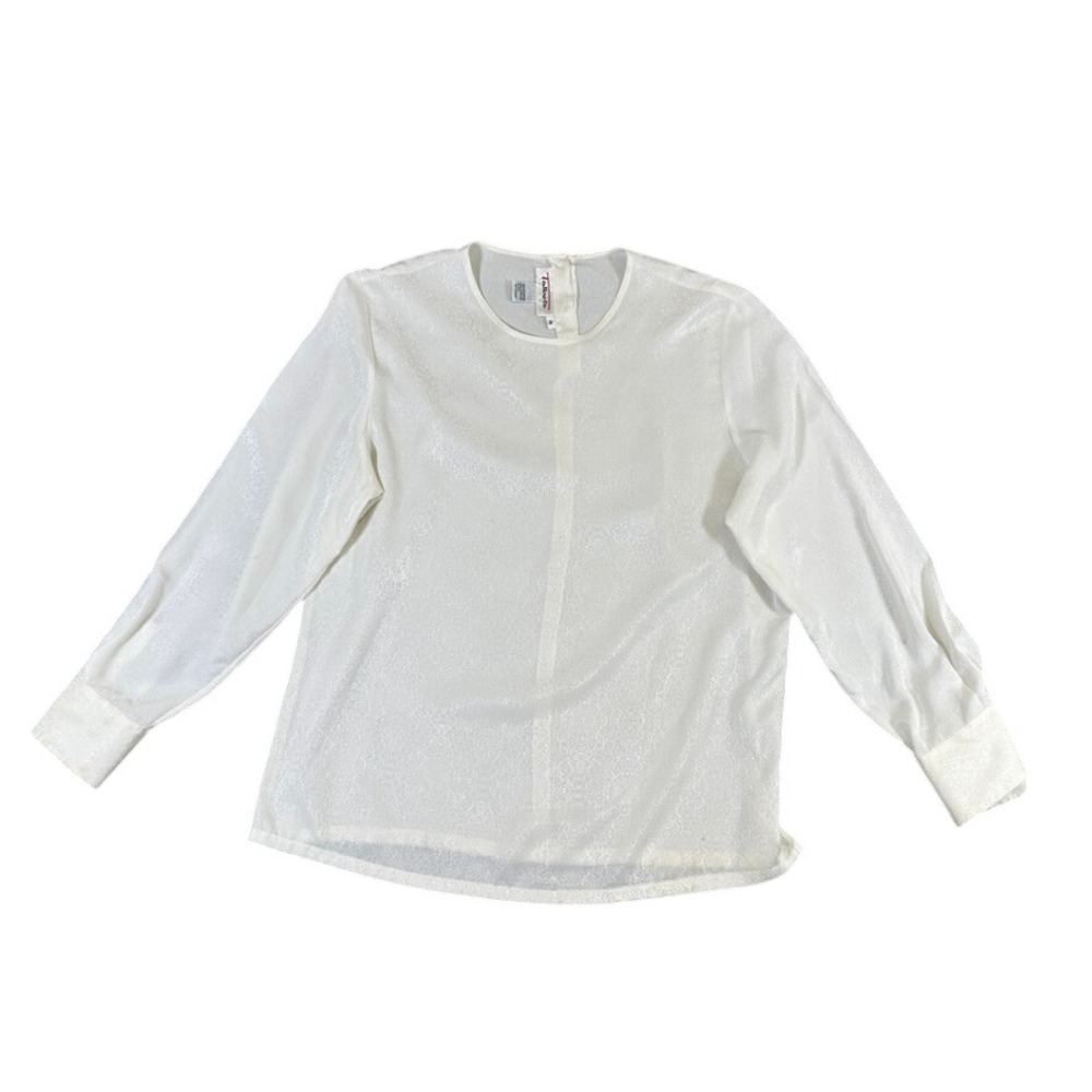 Talbots Womens Ivory Damask Jacquard Long Sleeve Blouse Button Back Size 16